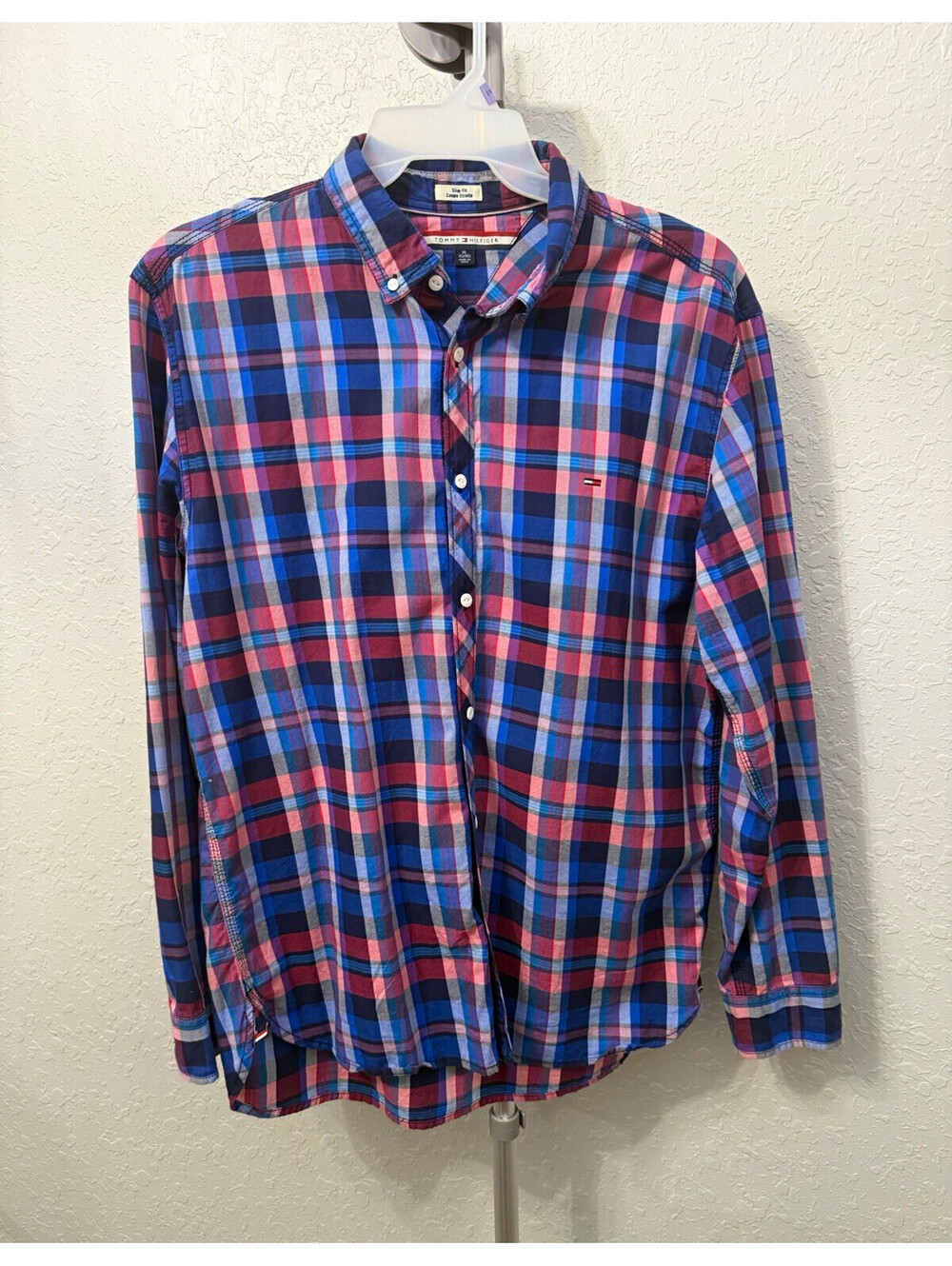 Tommy Hilfiger Button Up Shirt Men XL Slim Fit Long Sleeve Blue Red Plaid